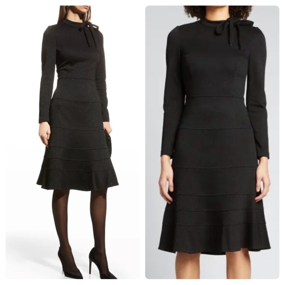 NWT Rickie Freeman For Teri Jon Tie-Neck Metallic Knit Flare-Hem Dress 4